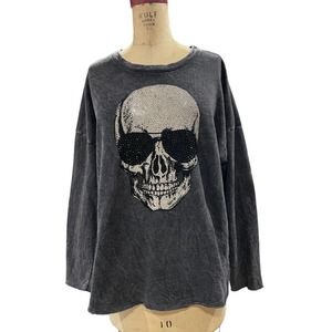T Party Womens Graphic Sweater Top Gray Skull Long Sleeve Crew Neck Pullover XL